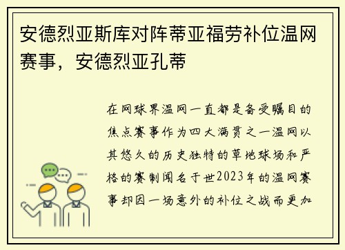 安德烈亚斯库对阵蒂亚福劳补位温网赛事，安德烈亚孔蒂
