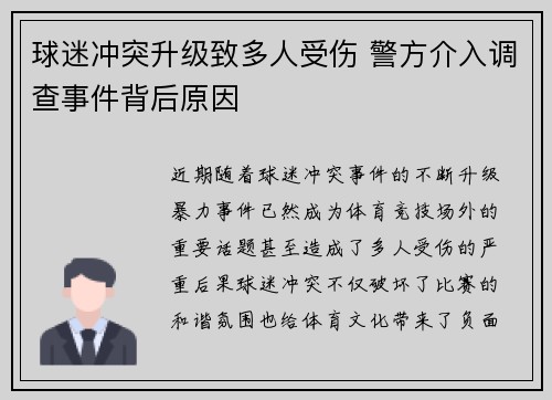 球迷冲突升级致多人受伤 警方介入调查事件背后原因 球迷冲突升级致多人受伤 警方介入调查事件背后原因