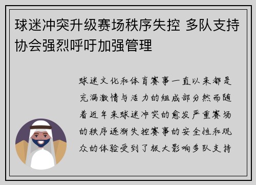 球迷冲突升级赛场秩序失控 多队支持协会强烈呼吁加强管理